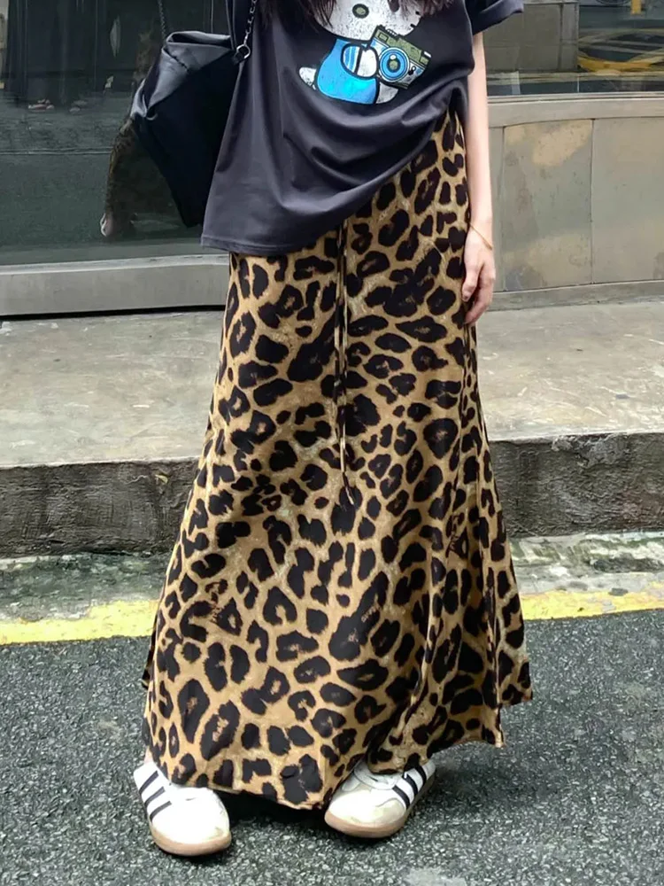 Women Streetwear Leopard Long Skirt Loose High Waist American Vintage Skirts Harajuku Casual Spring Summer Hip Hop Long Skirts