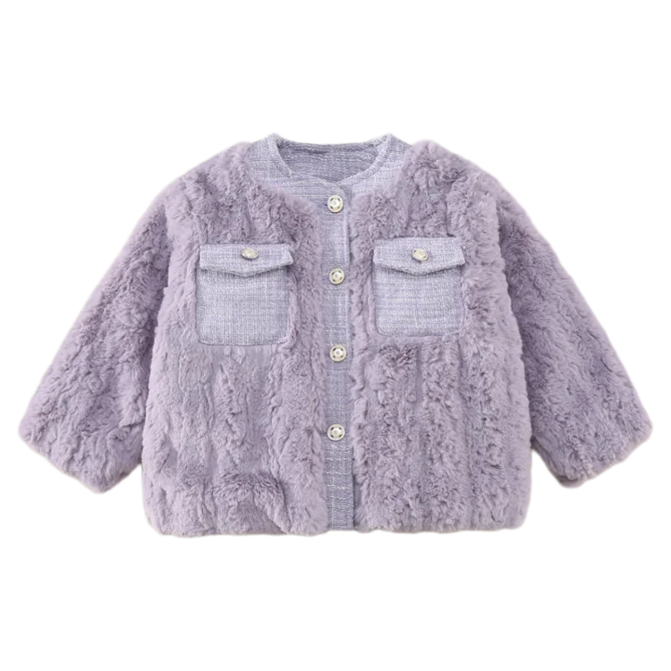 

Girls' Stylish Purple Faux Fur Coat, Button - Up Design with Pockets, Sweet Casual Fashion Trendy Kids' Jacket
