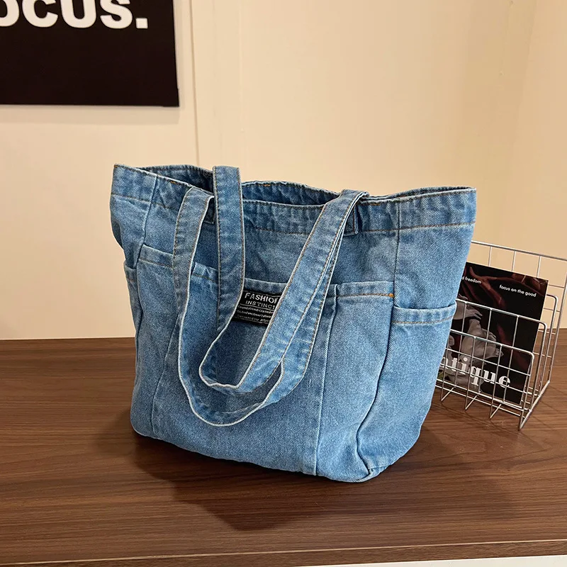 Vintage Washed Denim Shoulder Bags for Women Large Capacity Simple Ladies Tote Bag Casual Versatile Thread Design Female Handbag