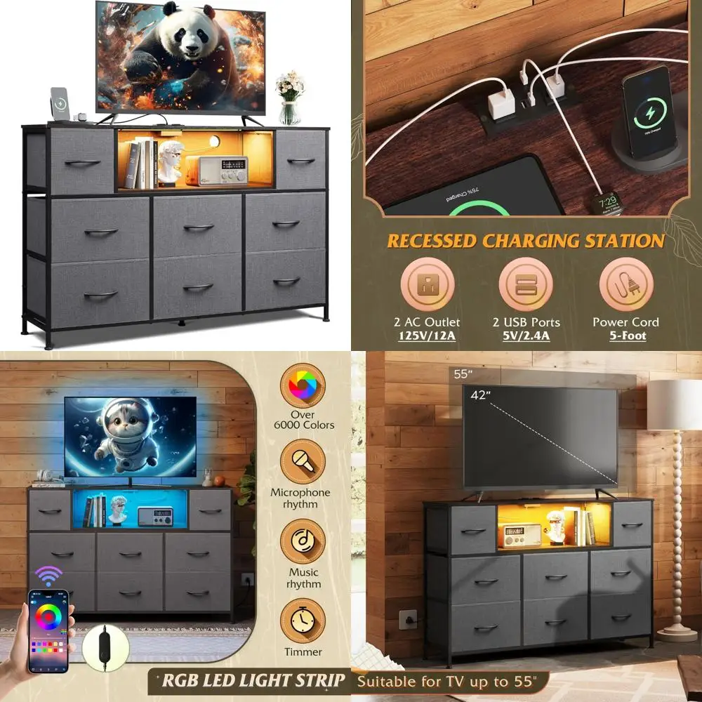 مركز ترفيه بإضاءة LED مع محطة شحن لأجهزة التلفاز مقاس 45-55 بوصة، وطاولة وحدة تحكم وسائط التلفزيون الحديثة