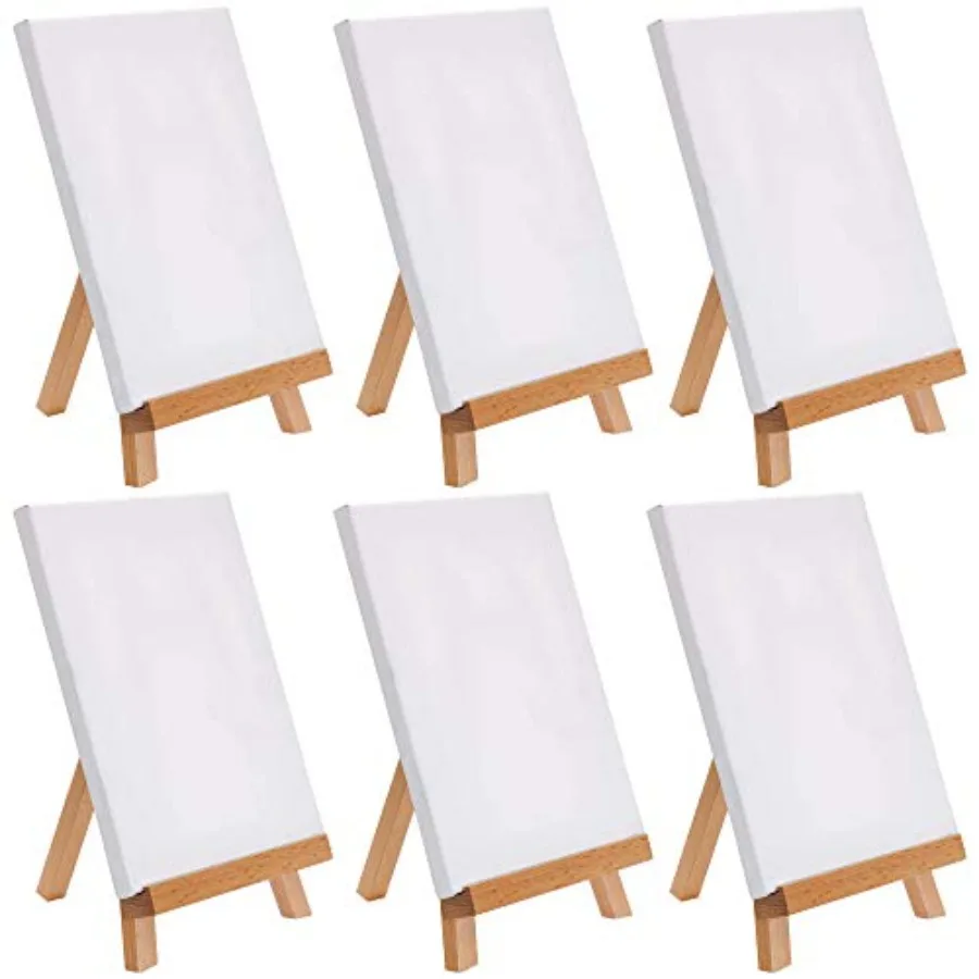 

8" x 8" Stretched Canvas with 10.5" Small Wooden Tabletop Easel Kit 6 Pack for Painting and Display Stand - A-Frame Table Top E
