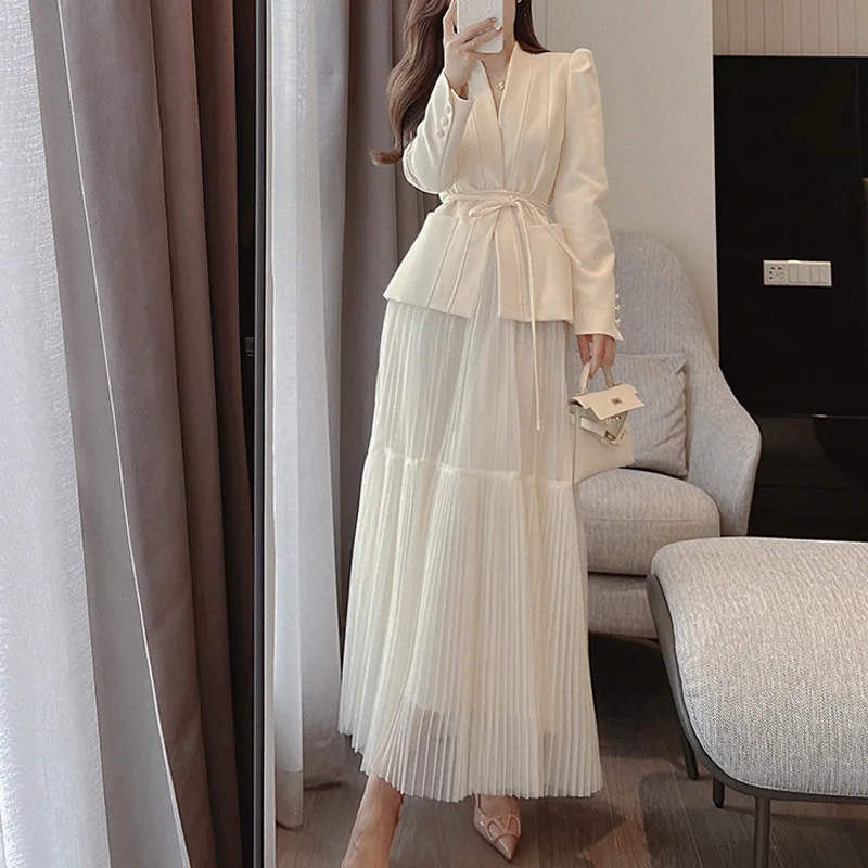 2023 New Spring Autumn Women Skirt Suit Elegant Korean Lace-Up Fashion Blazer + Long Mesh Skirt Casual Evening Party 2-Piece Set