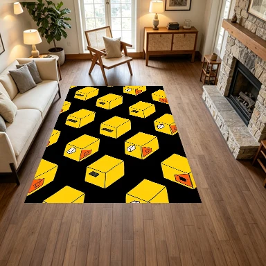 Yellow 3D Cube Geometric Seamless Carpet Flooring, Cartoon Minimalist Non-Slip Floor Rug for Living Room Bedroom Home Decoration
