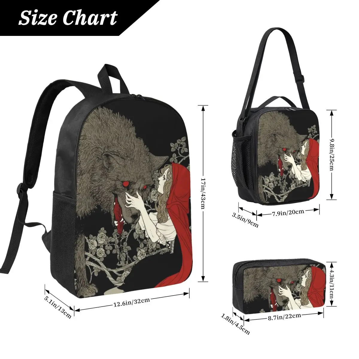 Little Red Riding Hood And Wolf Backpack Kids BookBag School Bag Computer Shoulder Bags 3ps Insulated Lunch Bag Pencil Case