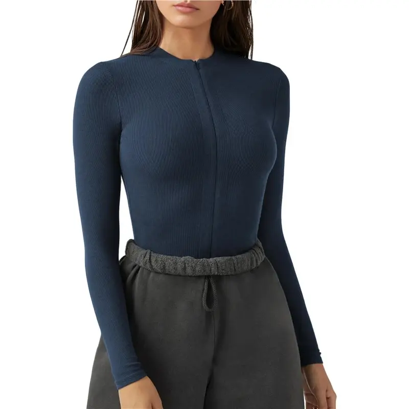 ABRT-Women Ribbed Long Sleeve Bodysuit Invisible Zip Up Crew Neck Body Suit EKCW137 Navy Blue S