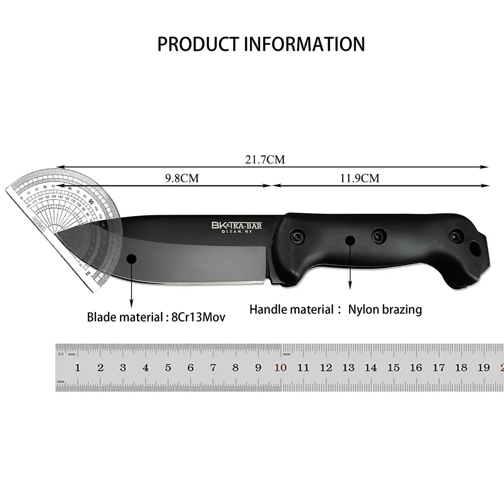 Sharp D2 Blade KA-BAR BK2 Hunter Knife, Portable Knife, Utility Tactical Camping Fixed Blade Knife, High Hardness, Durable