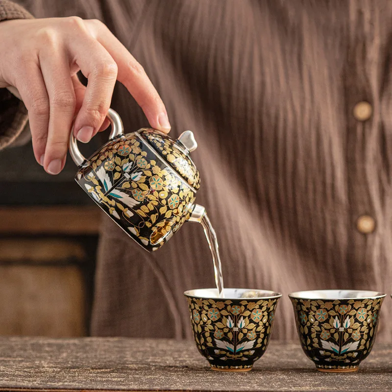 Gilt Silver Gaiwan Tea Set One Pot Four Cups Teapot Teacups Tea Tray Household Kung Fu Tea Set Tea Brewing Pot Gift Box