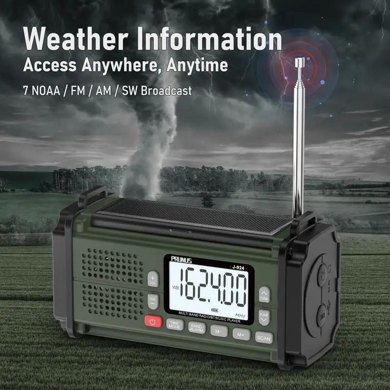 2024 New Arrival PRUNUS J-924 Hand Crank Emergency Radio 10000mAh Power Bank Solar AM/FM/SW NOAA Audio for Camping