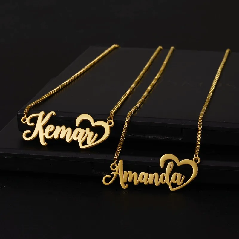 Women's Name Necklace Personalized Letter Heart shaped Nameplate Gold Stainless Steel Box Chain Necklace Jewelry Exquisite Gifts