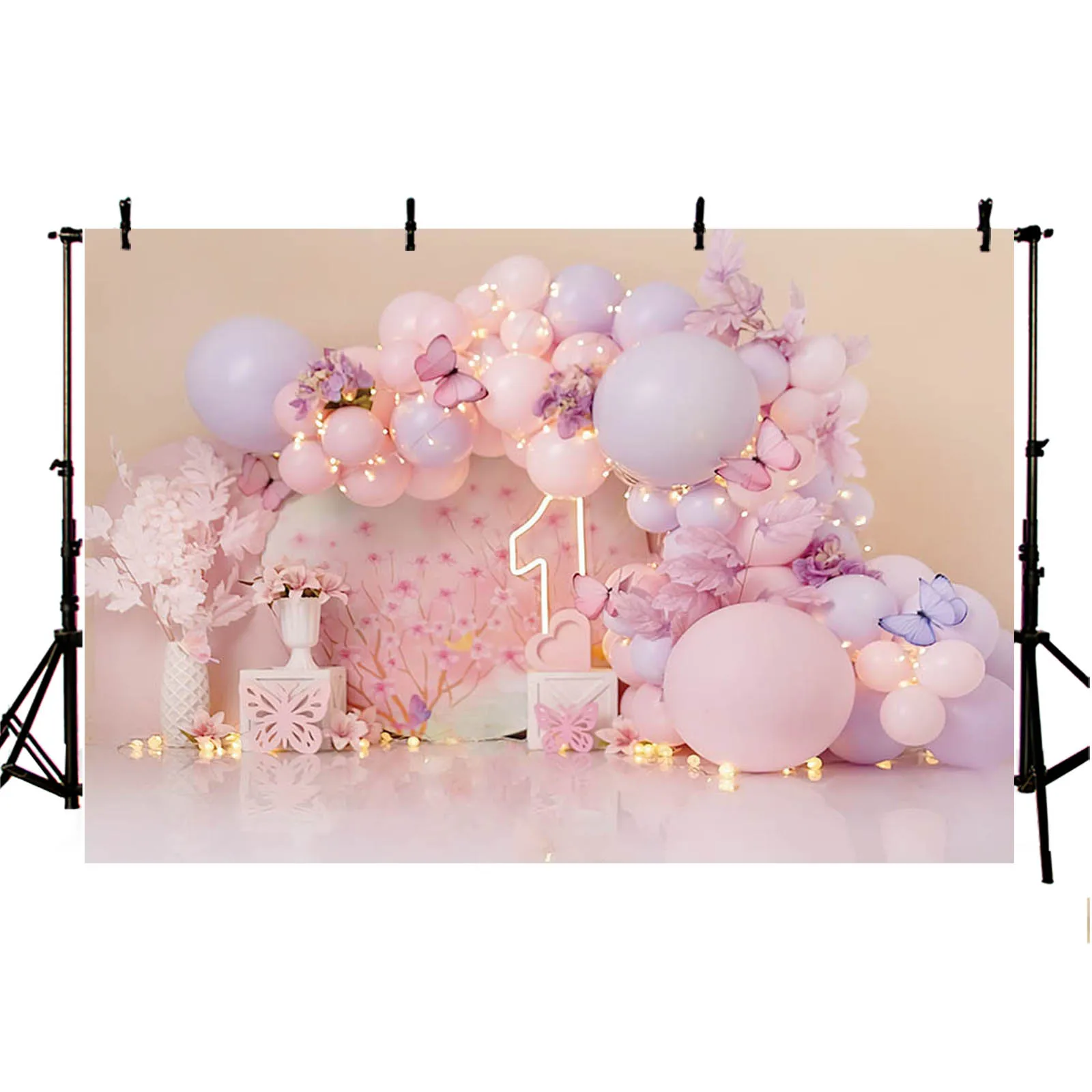 Arrière-Plan de Photographie pour 1er Anniversaire de Nouveau-Né, Rose, Fleur, Ballon, Papillon, Décor de ix, Affiche de Cake Smash, Photozone