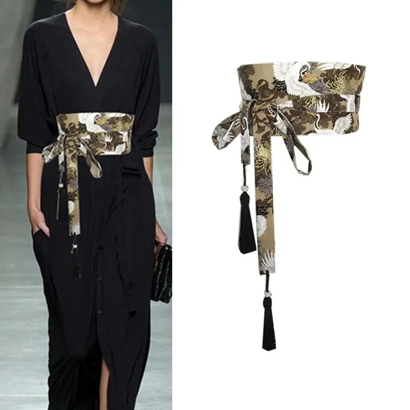 Japanse Kimono Riem Yukata Crane Haori Obi Taille Riemen Kwastje Vrouwen Corset Riem Golfpatroon Brede Riem