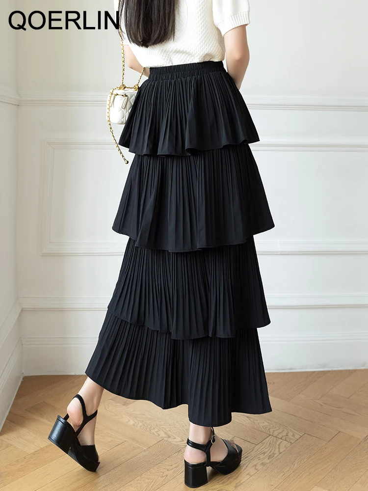 QOERLIN Ruffles Layers Skirts Summer New Women Loose Casual Pleated Long Skirts Black White Elastic High Waist Skirt Fashion