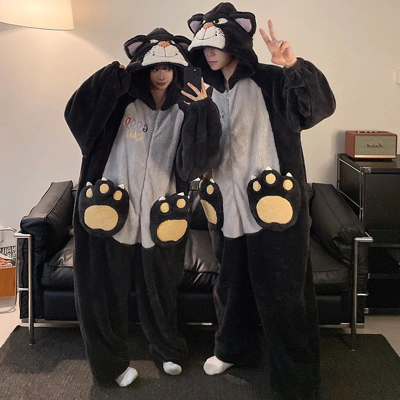 Kigurumis Cat Kawaii Sleepwear Women Men Pajamas Onesie Winter Thicken Pyjama Jumpsuit Zipper Funny Cute Couples One-piece