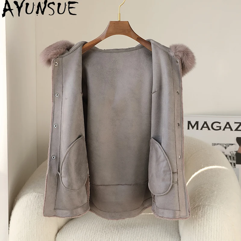 AYUNSUE 100%ウールコート レディース 2025年冬服 フォックスファー襟 羊毛コート 女性用複合毛皮コート パルト ジェンソーレ フーディー