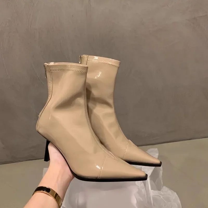 Boots Women New 2023 Zipper Pointe Shoes Winter Footwear Pointy Autumn Ladies High Heel Ankle Rubber Leather Microfiber Solid R
