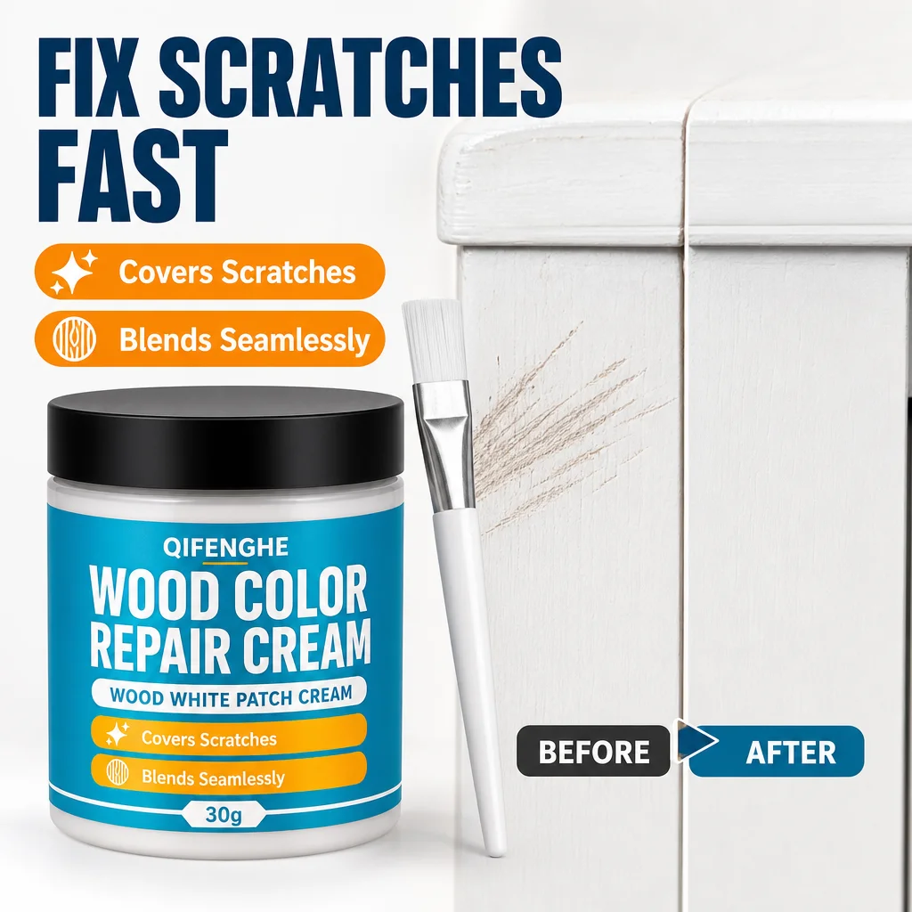 White Wood Furniture Repair Cream 30g with Brush Scratch Cover Filler for Cabinet Table Chair Door Paint Chip Crack Touch Up Kit