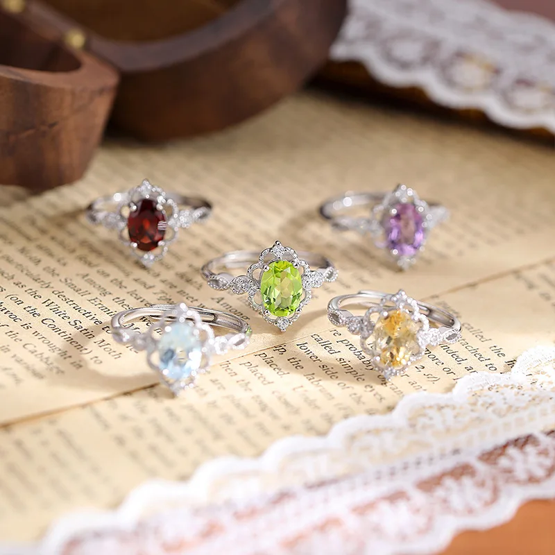 S925 Sterling Silver Resizable Size Ring for Women Wedding Anniversary Gift Natural Topaz Citrine Garnet Amethyst Peridot
