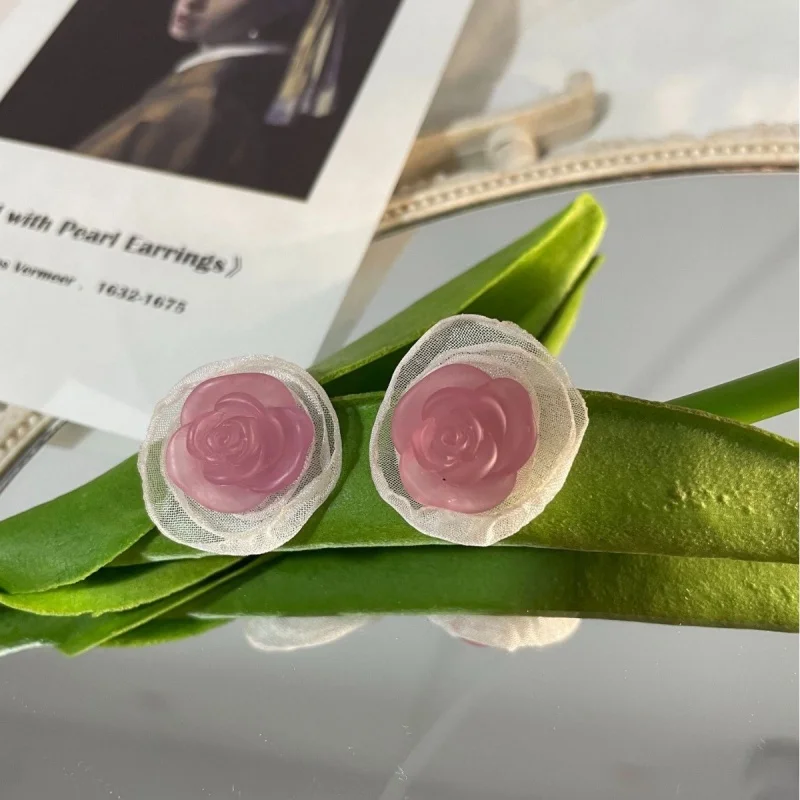 

Misty Rose Pink Purple Rose Earrings Korean Style Sweet Gentle Temperament Forest Style Flower Ear Jewelry Accessory