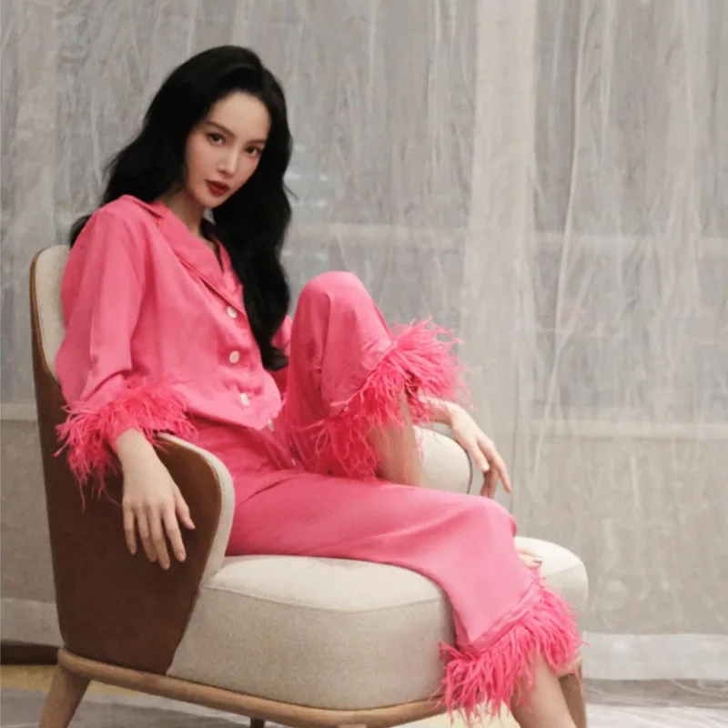 

Pitaya-colored Feather Pajamas Women Long-sleeved Ostrich Hair Detachable Feather High Sense Sleepwear 잠옷 여름 pyjamas women