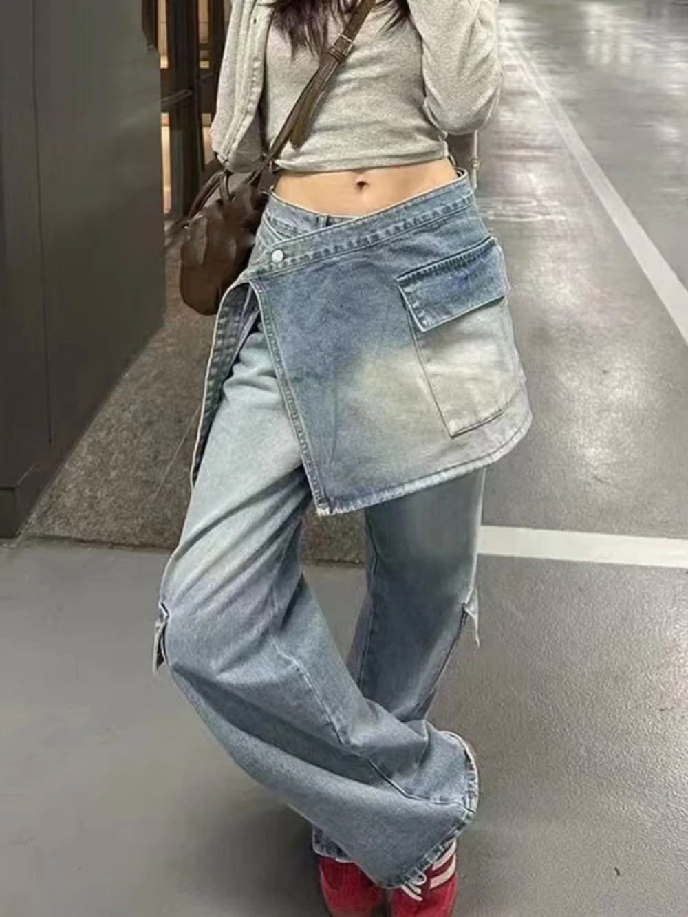 

Американские винтажные брюки из двух предметов с высокой талией, универсальные модные складные брюки с занавеской, брюки Spice Girls