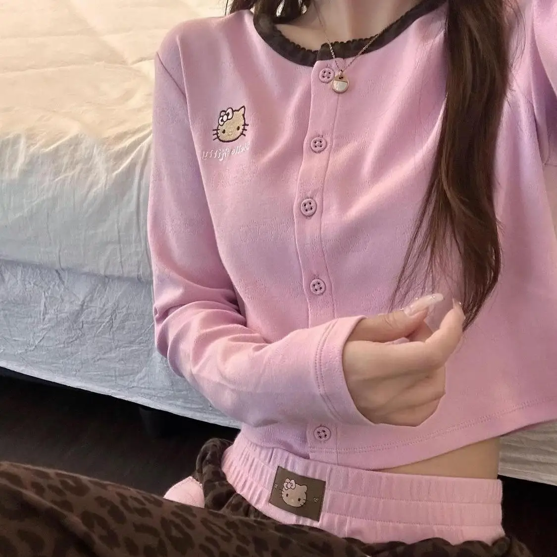 

Kawaii Hello Kitty Women Pajamas Set Floral Print Homewear Spring Autumn Outwear Loungewear Cozy Fleece Korean Nightwear Homear