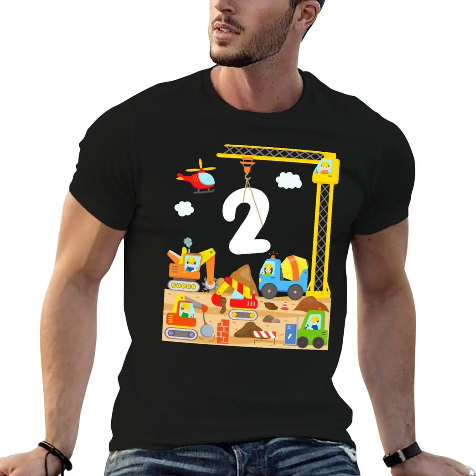 

Toddlers 2 Years Birthday Boy Girl Crane Construction Vehicles T-Shirt man t shirts high quality luxury brand T-Shirt