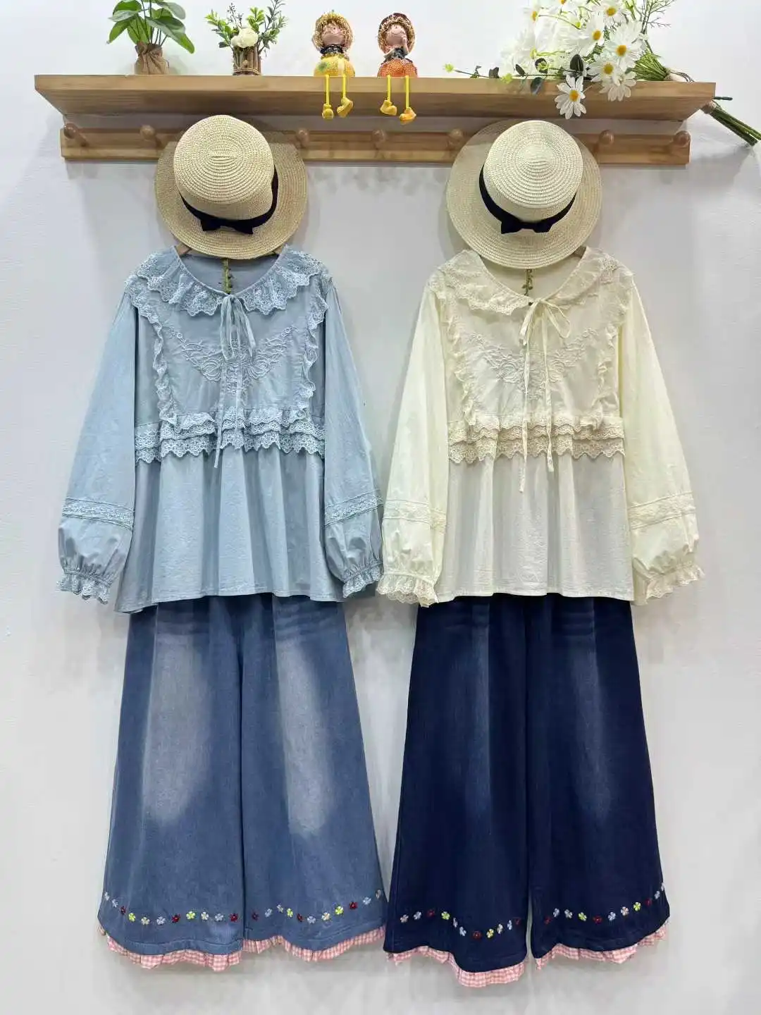 

Pretty and elegant women's blouses cotton pink blue beige lace patchwork shirts long sleeve blouses for women large size tops