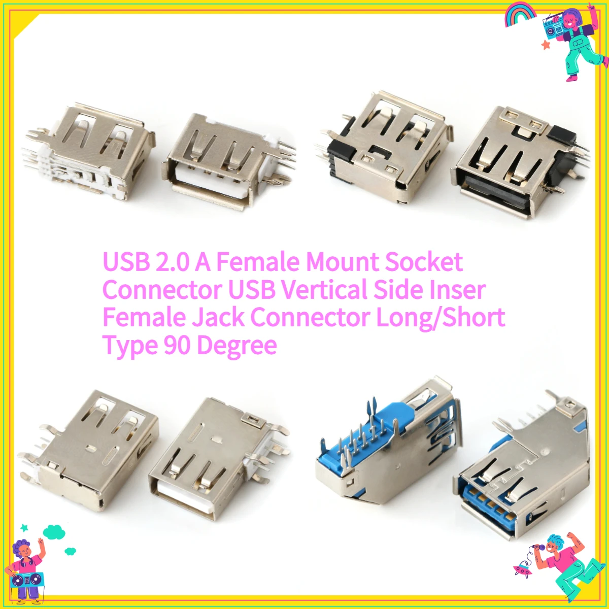 

10PCS USB2.0 Female Mount Socket Connector USB Vertical Side Inser Female Jack Connector Long/Short Type 90 Degree UsbConnector