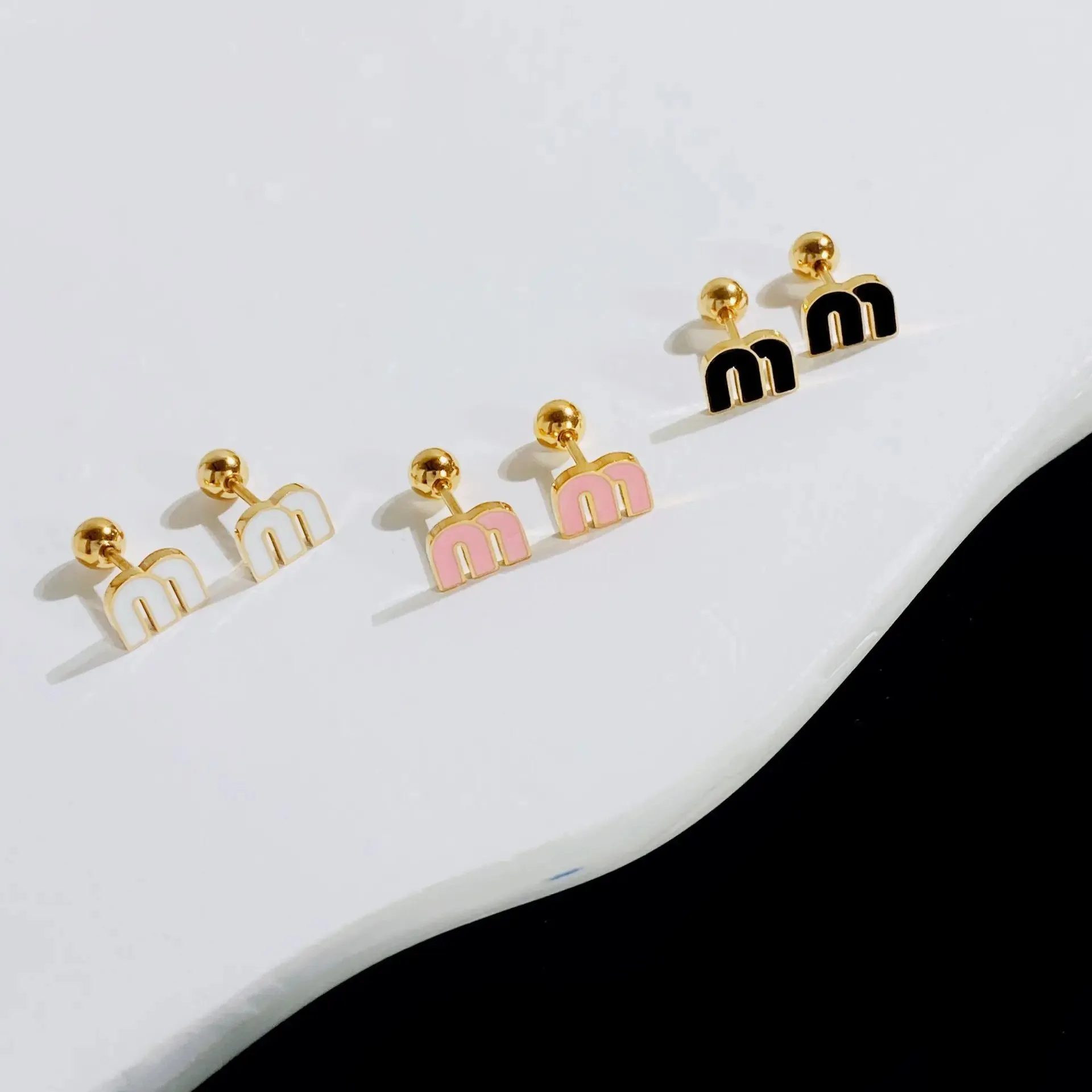 TOFFLO Fashion Colorful Oil Dripping Letter M Charm Stainless Steel Stud Earring Small Ball Screws Earrings Piercing Jewelry