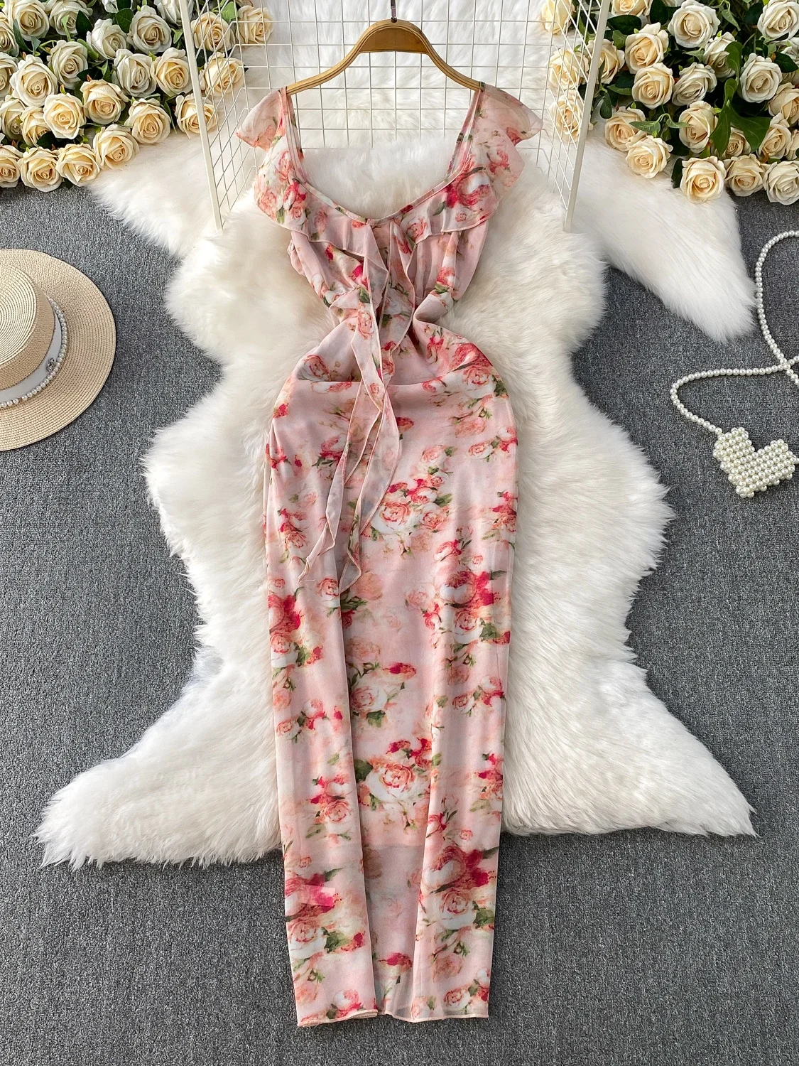 Ele Floral Print V-Ne Puff Sve Dr Women's High Waist Slim Fit Long Skirt Korean Sle Commute Summer Midi Dr