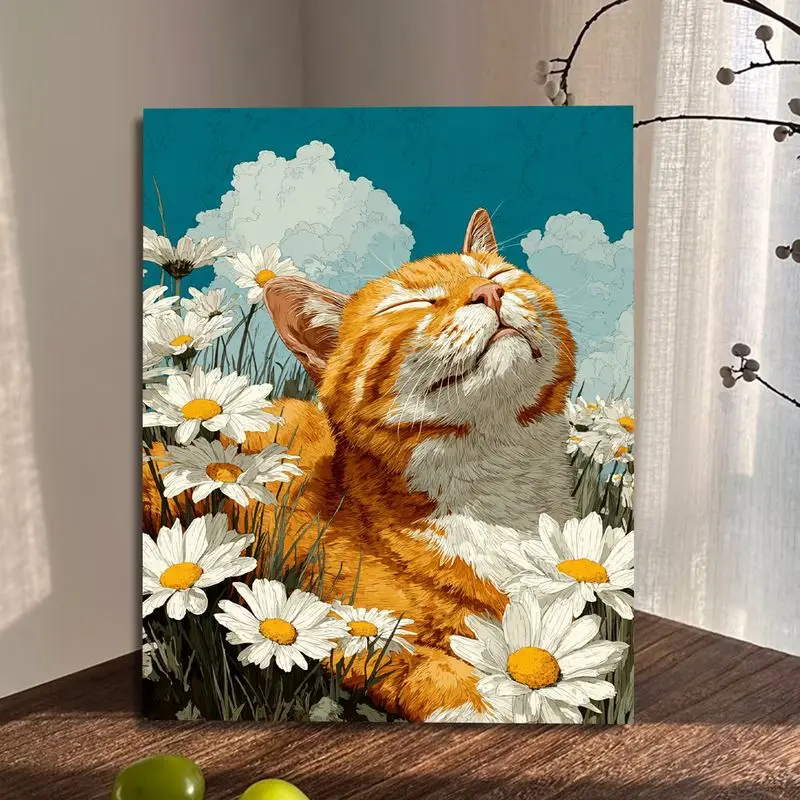 صور مخصص التلوين حسب عدد مجموعات للبالغين القط رسمت باليد على قماش دهان داي حسب عدد الزهور ديكور المنزل #4