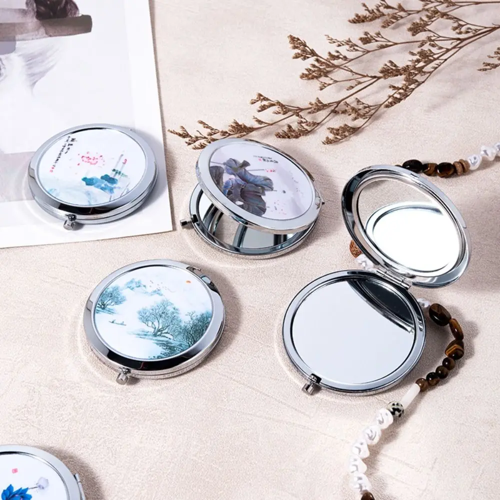 Chinese Ancient Style Compact Mirror Makeup Mirror Metal Flower Portable Mirror Double-sided Folding Vanity Mirror Students