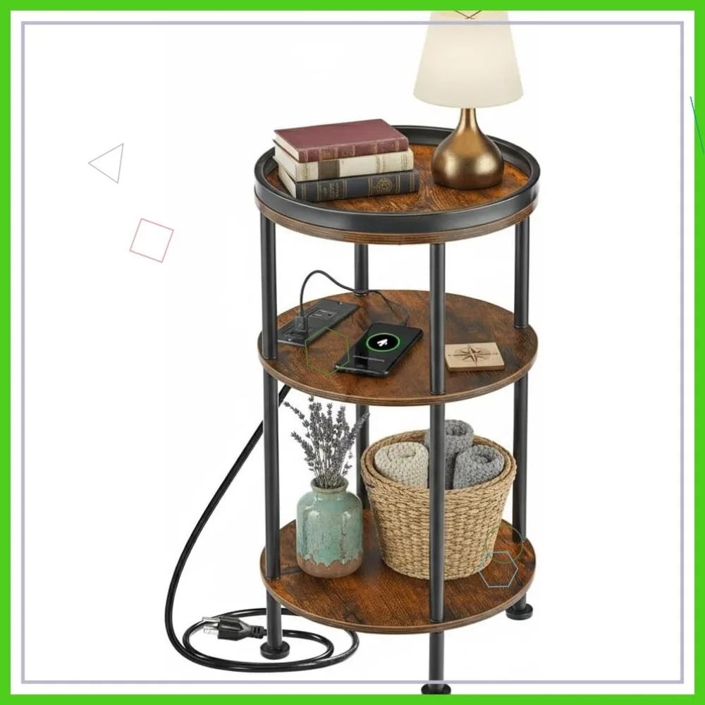3段ラウンドサイドテーブル、充電ステーション、USBポート、コンセント付き、狭いスペース用、素朴なブラウン