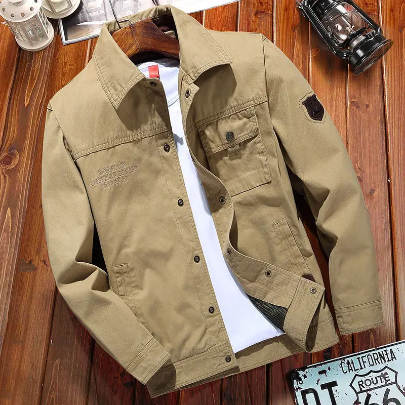 Spring and Autumn Man Coat Casual Loose Lapel Jacket Tooling Multiple Pockets Thin Section Pure Cotton Comfortable Breathable