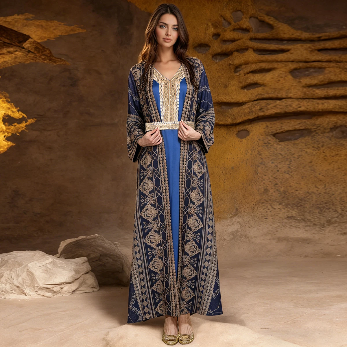 Zahraa Luxury Embroidery Women Abayas Belt included Two-Piece Set Muslim Elegant Women Evening Dress