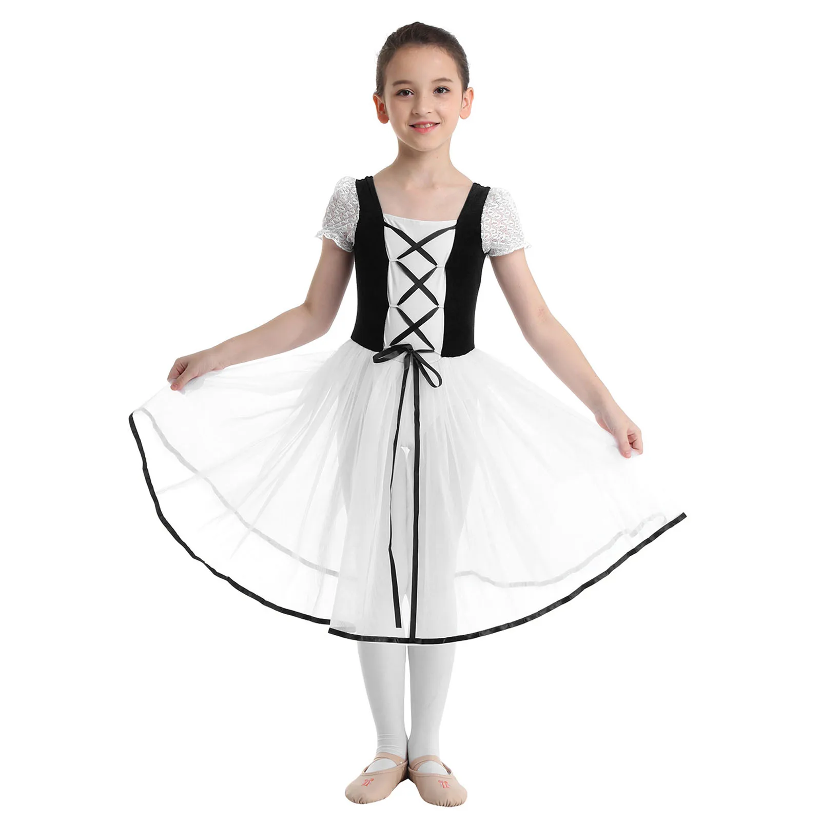 Girls Romantic Tutu Giselle Ballet Costumes Kids Velvet Long Tulle Skating Dress Short Sleeve Lace Summer Dress