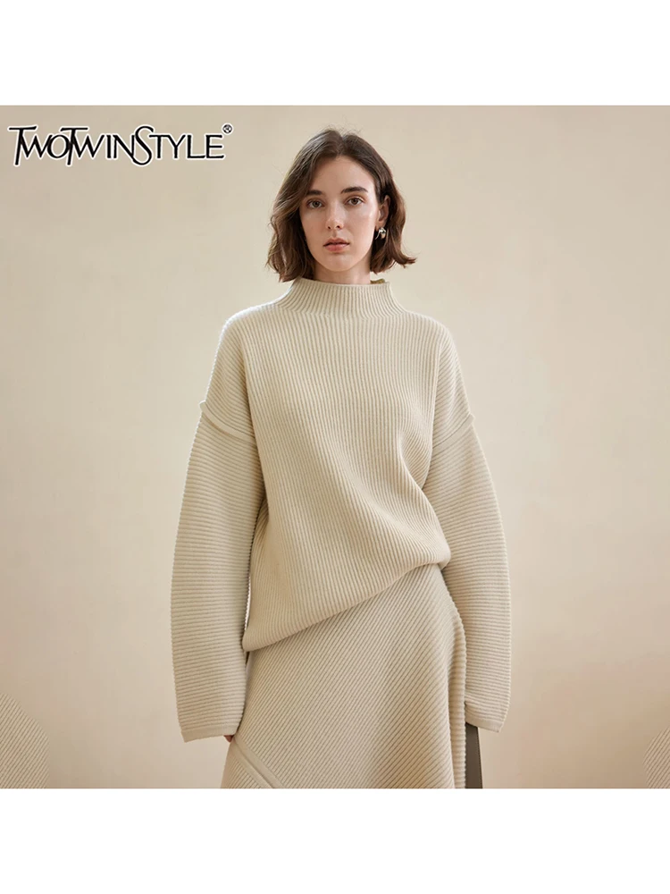 TWOTWINSTYLE Solid Elegant Knitting Loose Sweater For Women O Neck Long Sleeve Pullover Temperament Sweater Female Fashion New