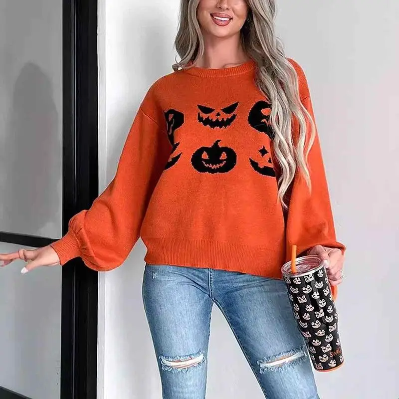 Orange Halloween Pumpkin Face Pattern Shoulder Bared Sweater Cleanfit Loose Style Long Sleeve Polyester Fiber Women's Knitwear