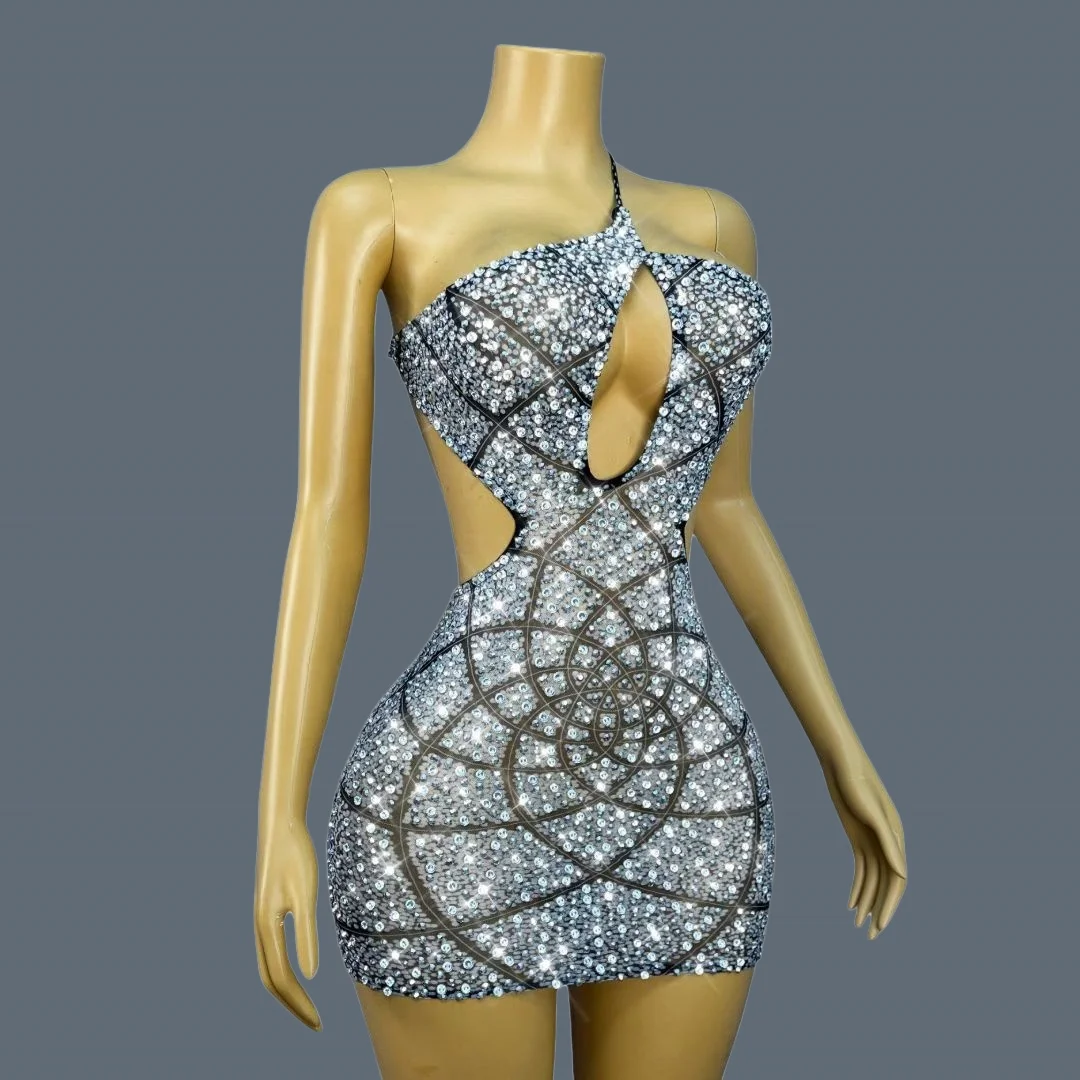 Luxury Sparkly Full Silver Crystals Mini Dress Hollow Out Low-cut Cocktail Dresses Club Bar Event  Party Sexy Dress Yuezhaohua