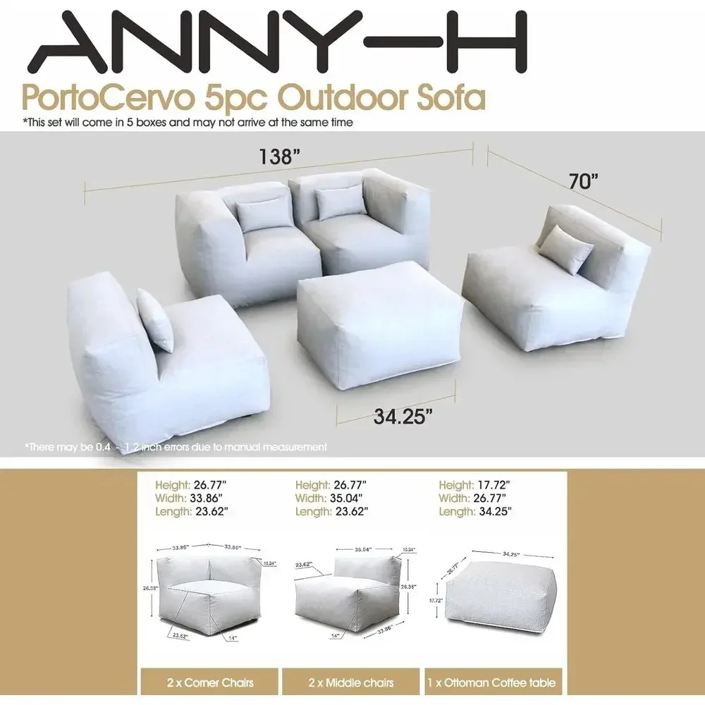 5-Piece Patio Sectional Set with Ottoman and Coffee Table in Cloud Gray