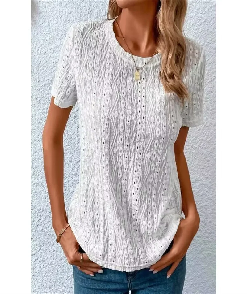 024 Europe and the United States Spring and summer women\'s round-necked casual short-sleeved T-shirt hollow hole blouse