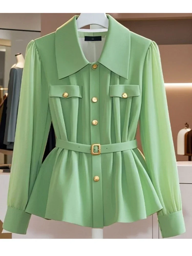 French Spring Autumn Chic Blouse Top Office Lady Folding Waist Looks Thin Green White Long Sleeve Shirt for Women A169