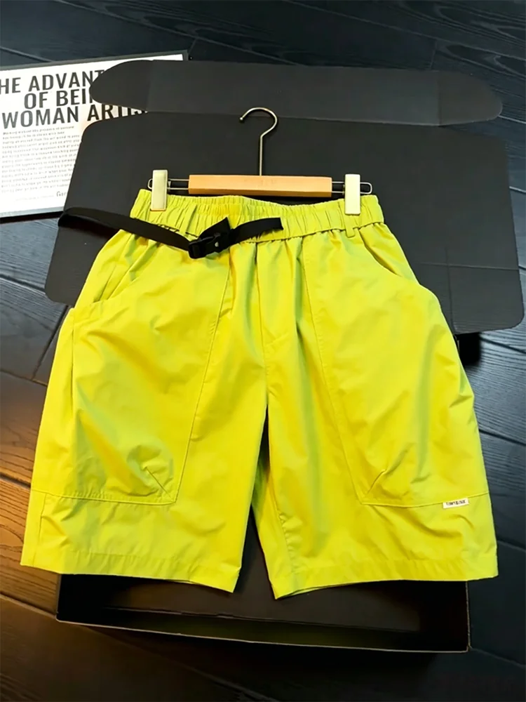 Dopamine Quick Dry Workwear Shorts Men's Summer American Style Sporty Pants Belt Design Large Pockets Five-Quarter Length