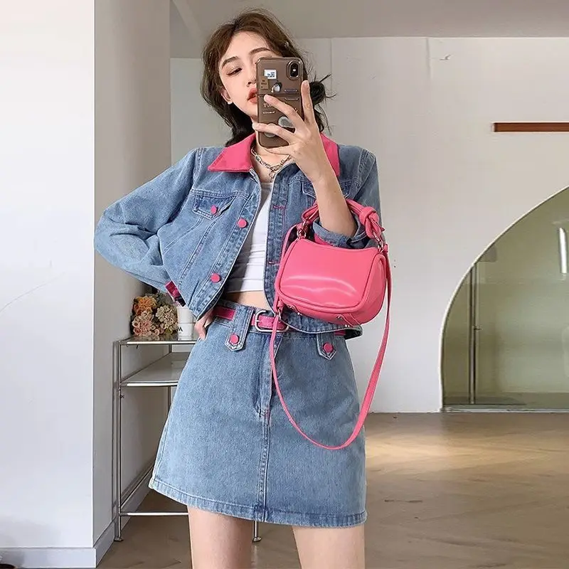 デニムコートミニスカートツーピースセット春秋の女性のファッションパッチワークショートジャケット A ラインスカート衣装新しいジーンズスーツ