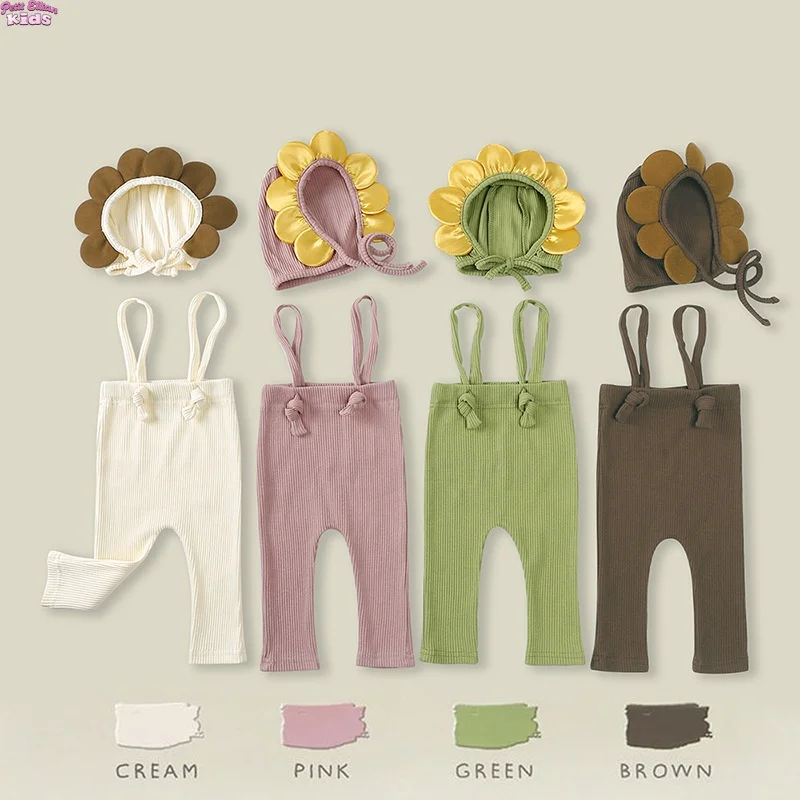 

Toddler Baby Cotton Knit Suspender Pants 0-2Y Cute Flower Hat Overalls Outfit Soft Elastic Waist Infant Boy Girl Casual Clothes