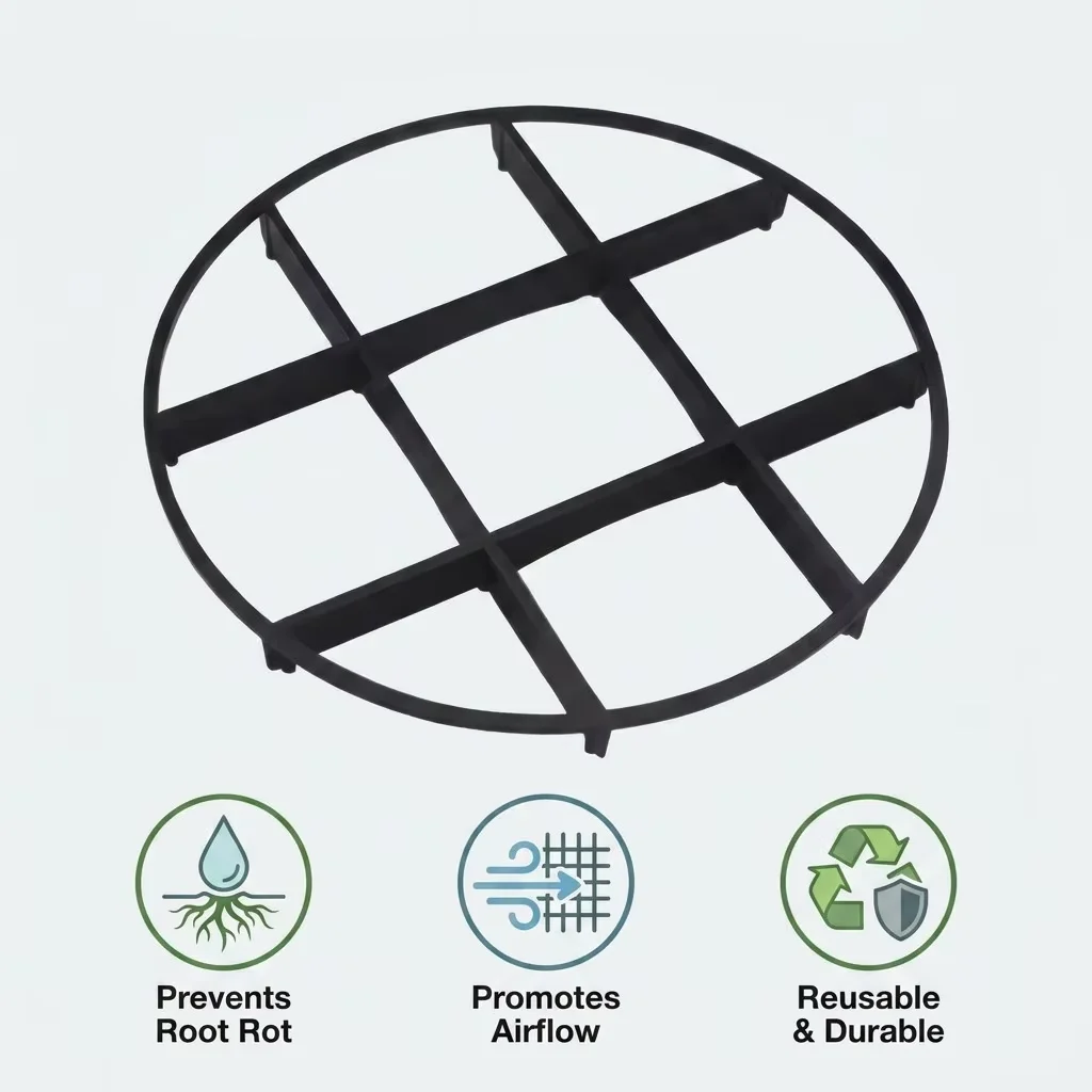 Plastic pot drainage mat for root rot and black rot prevention, home-use pot stand with elevated feet and ventilation