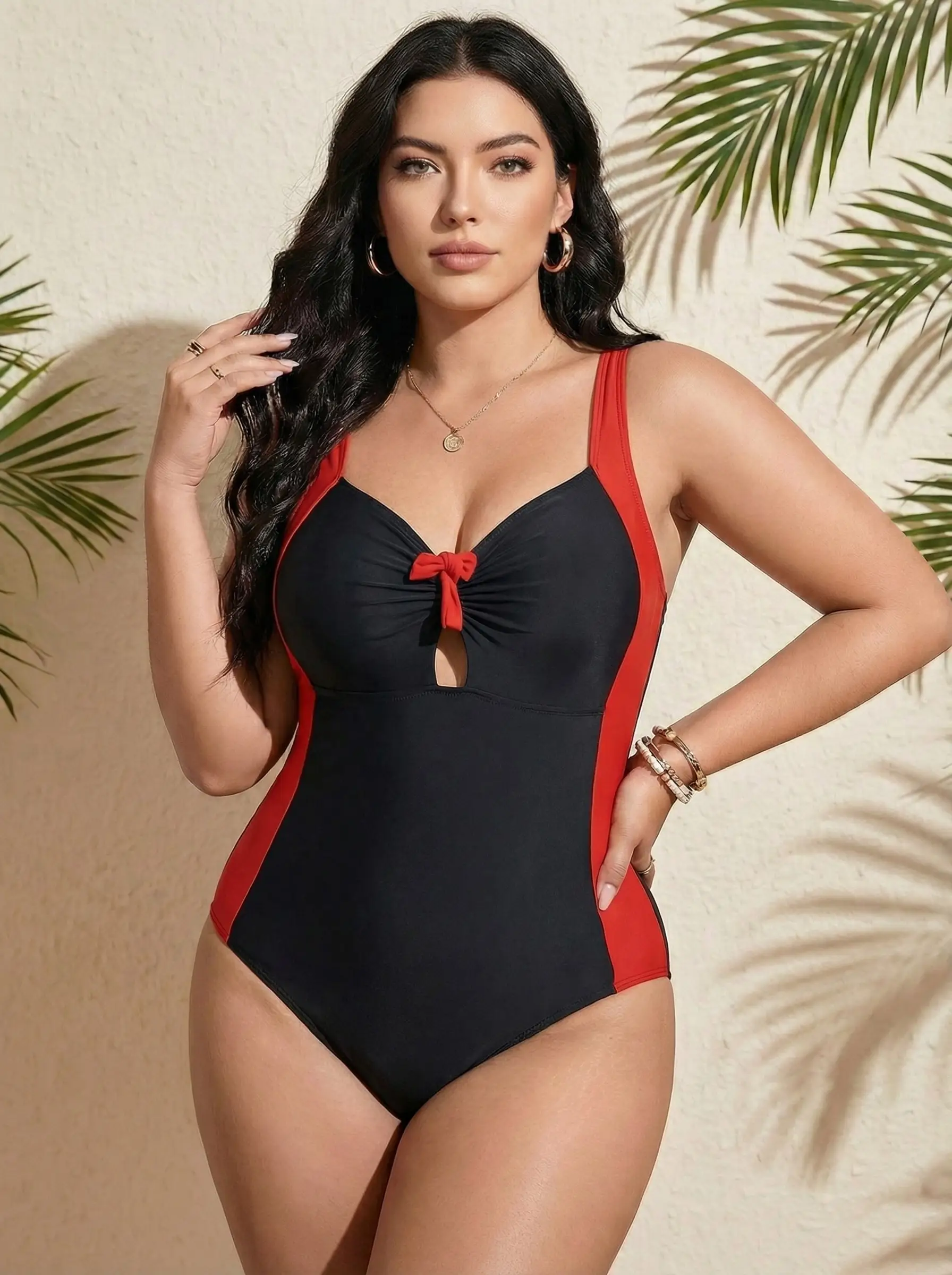 

2026 New Plus-Size Color-Block Bow Cutout One-Piece Swimsuit | Tummy Control Bathing Suit for Curvy Women