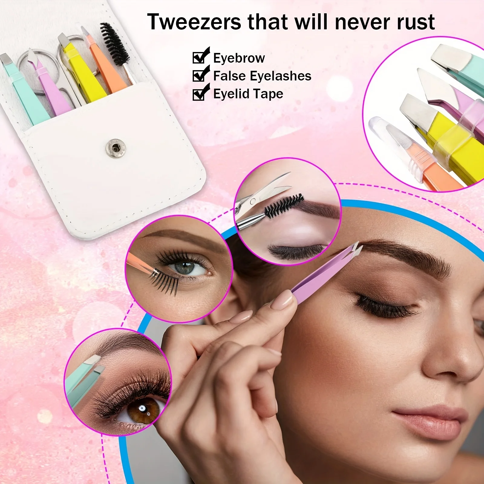 Conjunto de pinças de sobrancelha femininas, 6 peças, ferramentas de precisão de aço inoxidável com escova de cílios e tesoura curvada, kit de remoção de pelos faciais