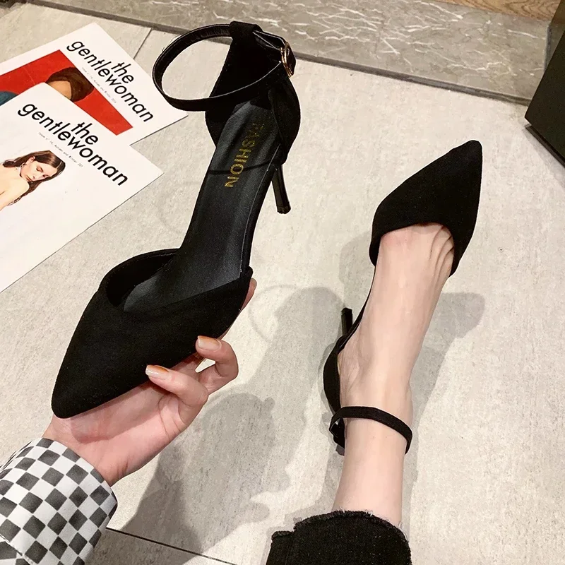 Spring and Autumn High Heel Women New FashionThin Heel Professional Pointed Black Buckle Strap Single Shoe Women Zapatos Mujer