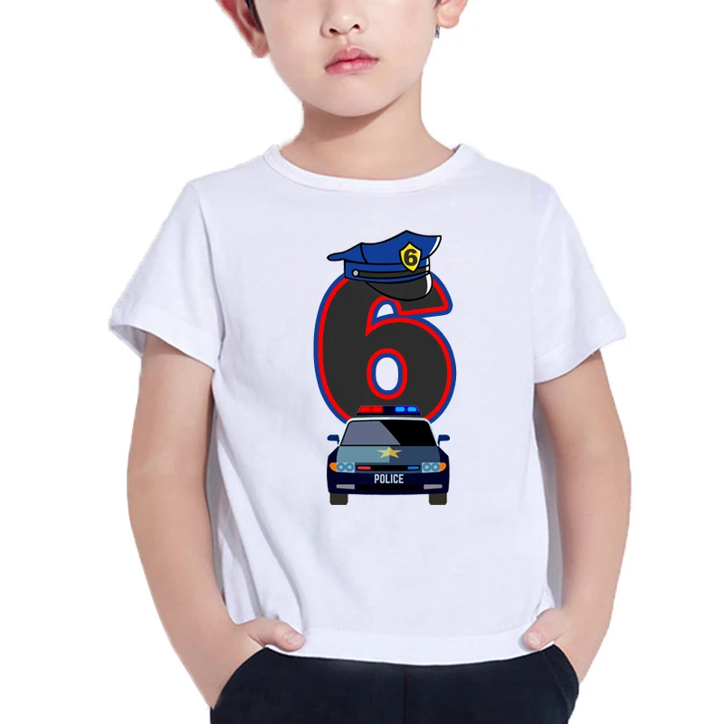 Kids Cool Car Birthday Boy T-shirts Boy/Girl Policeman 1-9 Birthday Number Print T Shirt Funny Gift Tshirt Present Clothing